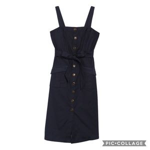 Navy button front midi overall dress